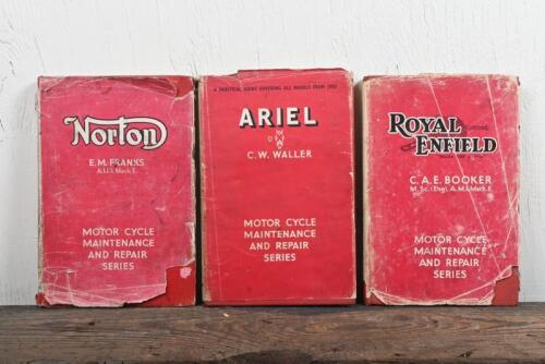 ENGLISH MOTORCYCLES: Three circa 1940's/1950's hardcover books detailing maintenance and repair procedures for English motorcycles including Ariel, Norton, Royal Enfield.