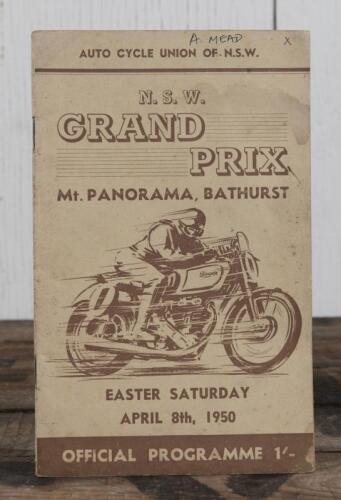 N.S.W. GRAND PRIX: A APRIL 8th, 1950 'N.S.W. GRAND PRIX Mt.PANORAMA, BATHURST' Official Programme, as organised by the AUTO CYCLE UNION OF N.S.W, 48 pages; pen writing to front cover.