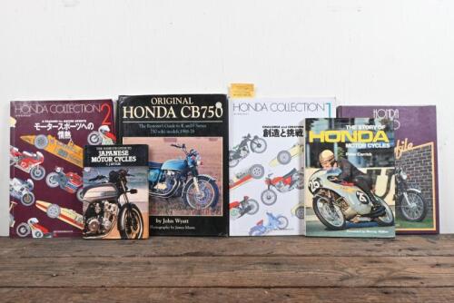 JAPANESE MOTOR CYCLES: A group of hardcover books detailing Japanese motor cycles, with specific Honda related books.