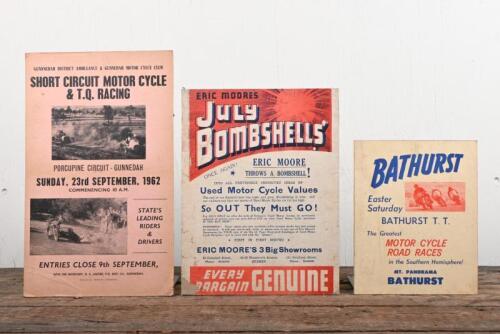 POSTERS: Three circa 1960s advertising posters, including Bathurst TT, each laid down on heavy gauge card stock, largest 33.5 x 20cm