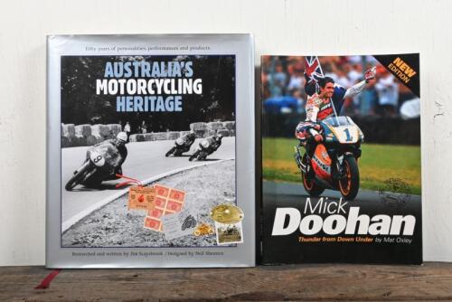 AUSTRALIAN MOTORCYCLING: Two books detailing Australian motor cycling including 'AUSTRALIA'S MOTORCYCLING HERITAGE' hardcover book by Jim Scaysbrook/designed by Neil Shennen.