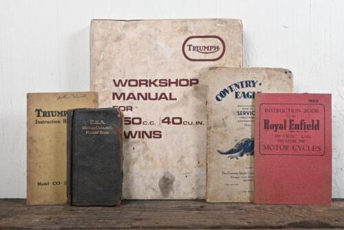 ENGLISH MOTORBIKES: A group of reference material for English motorcycles including a 1934 COVENTRY-EAGLE BOOK OF SERVICE (TWO-STROKES), two Triumph items including a 'TRIUMPH Instruction Book - Model CO 3.48 h.p, 42 pages, together with a 'B.S.A. MOTOR C