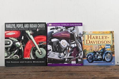 HARLEY-DAVIDSON: Three hardcover books detailing Harley-Davidson.