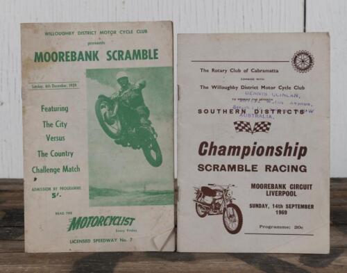 MOOREBANK: Two Moorebank Circuit, Liverpool official programmes including December 1959 'MOOREBANK SCRAMBLE' programme, 14 pages, with September 1969 'Seventh SOUTHERN DISTRICTS Championship SCRAMBLE RACING' Programme, 32 pages, program with stamp to fron