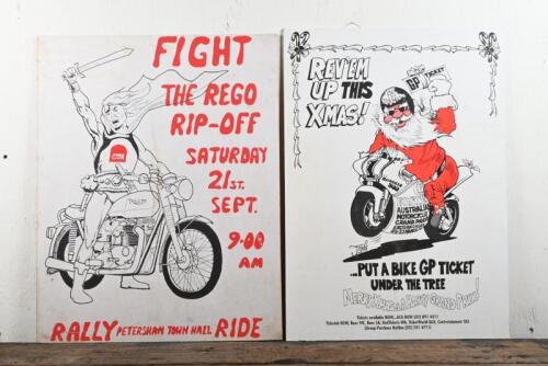 POSTERS: Two advertising posters, "Australian Motorcycle Grand Prix" and "Fight the Rego Rip-Off", largest 58 x 46.5cm