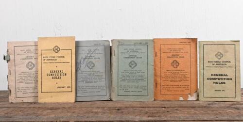 GENERAL COMPETITION RULES: Six copies of 'GENERAL COMPETITION RULES' as produced by AUTO CYCLE COUNCIL OF AUSTRALIA, booklets range in years from 1950's to 1970's.