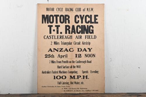 CASTLEREACH: An advertising poster for the "Motor Cycle TT Racing" at Castlereach Airfield, 25th April, laid down on heavy gauge card stock, date of printing unknown, 52 x 39cm