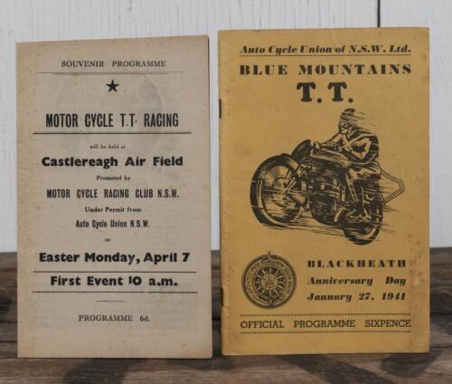 TOURIST TROPHY: Two 1940's Tourist Trophy Official Programmes including a January 1941 'BLUE MOUNTAINS T.T., BLACKHEATH' programme, 20 pages, one page with hole, pencil writing to programme, with 1947-48 'MOTOR CYCLE T.T. RACING' programme as was held at 