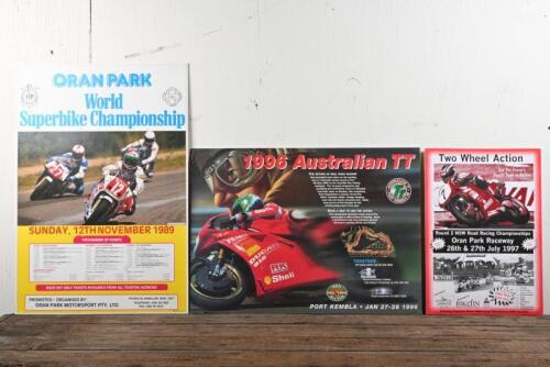 POSTERS: Three circa 1980/90s advertising posters, including "Oran Park World Superbike Championship", each laid down on heavy gauge card stock, largest 65 x 45cm