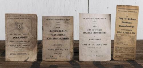 SCRAMBLE CHAMPIONSHIPS: Four programmes related to Scramble Championships including a 1949 Open 'Southern' SCRAMBLE Official Programme, organised by the SOUTHERN DISTRICTS MOTOR CYCLE CLUB, 1956 AUSTRALIAN SCRAMBLE CHAMPIONSHIPS, MOOREBANK Souvenir Progra