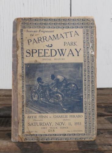 PARRAMATTA: A Souvenir Programme from 'PARRAMATTA PARK SPEEDWAY' as held November 1933, No. 1 EDITION; programme with loose pages, pencil writing, tape to spine.