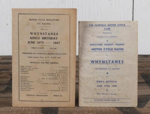WHYNSTANES: Two 1940's WHYNSTANES Miniature Motor Cycle Tourist Trophy Official Programmes, both from King's Birthday, one June 1947, other June 1948, as promoted by the Fairfield Motor Cycle Club.
