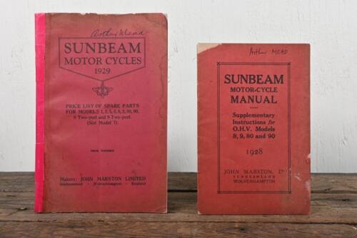 SUNBEAM: Two early Sunbeam Manuals including a 1928 'SUNBEAM MOTOR-CYCLE MANUAL with Supplementary Instructions for O.H.V. Models 8,9,80 and 90', 20 pages and a 1929 'PRICE LIST OF SPARE PARTS FOR MODELS 1,2,5,6,8,9,80,90, 8 Two-port and 9 Two-port. (Not 