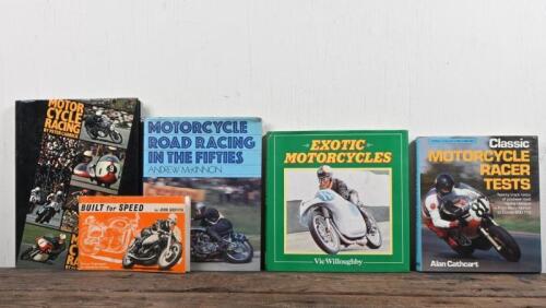 MOTOR CYCLE RACING: A collection of hardcover motorcycle racing books including 'EXOTIC MOTORCYCLES' by Vic Willoughby.