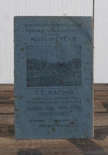 T.T RACING: A September 1952 GUNNEDAH MOTOR CYCLE CLUB 'MOTOR CYCLE T.T RACING', PORCUPINE CIRCUIT, GUNNEDAH' Souvenir Programme; programme with pencil writing.