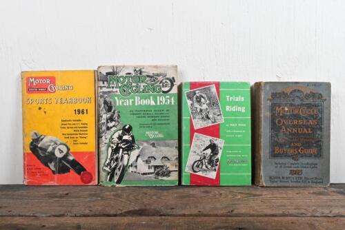 MOTOR CYCLING: A small collection of motor cycling books including a 1925 'THE MOTOR CYCLE' OVERSEAS ANNUAL AND BUYERS GUIDE', 1954, 1961 Year Books, together with a 'MOTOR CYCLING' Trail Riding Book.