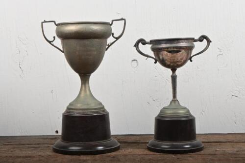 O J ASHFORD: Two silver plate trophies won by O.J. Ashford, the "6 Hours Trial, 1938" and another, both presented by E.S.M.C.C., tallest 30cm high, would benefit from a clean