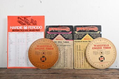 PART TABLES/TIMER: A group of period engine timers and part tables, engine timers by Castrol, with McPherson's Thread Pitches and Tapping Drill Tables, HARDIE-FERODO MOTORCYCLE DISC BRAKE PADS chart.
