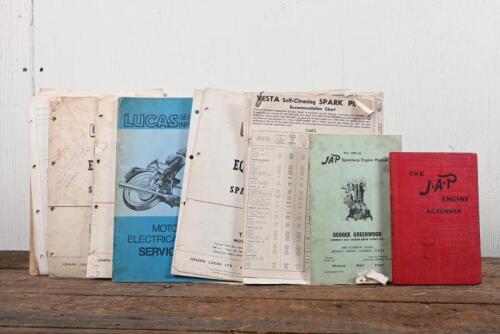 MOTORCYCLE PARTS: A collection of material concerned with motorcycle parts including 'THE J.A.P ENGINE' hardcover book by A.C.FENNER, 190 pages, with a group of LUCAS and Vesta Equipment, Spare Parts and Service Manual.