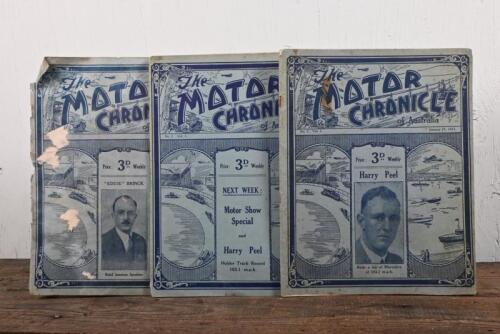THE MOTOR CHRONICLE: Three consecutive 1927 issues of 'The MOTOR CHRONICLE of Australia' magazine; marks to covers of January 15 issue.