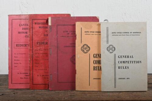 COMPETITION RULES/RIDERS CARDS: A group of GENERAL COMPETITION RULES booklets, the earliest being from 1955, together with two RIDER'S CARDS from Canterbury District Motor Cycle Club and Western Suburbs Motor Cycle Club Limited; Western Suburbs Rider's Ca