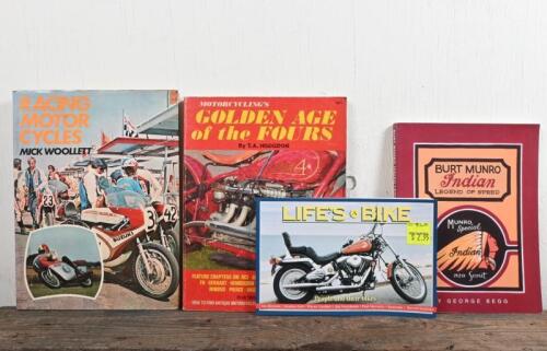 MOTORCYCLING/RACING: Four books detailing motorcycles and motor cycle racing including 'BURT MUNRO INDIAN LEGEND OF SPEED' softcover book by George Begg.