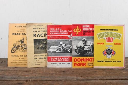 BRITISH RACES: A collection of British Official Programmes from various motor cycle racing events including 1975 INTERNATIONAL HUTCHINSON 100 GOLDEN JUBILEE' Programme, 1977 DONINGTON PARK Official Programme, 1978 A.C.U. BRITISH ROAD RACE CHAMPIONSHIP, an