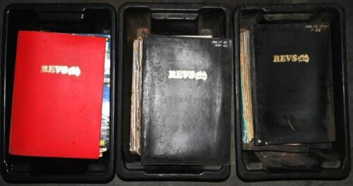 REVS MOTORCYCLE NEWS: A Large quantity of Revs Motorcycle News publications ranging in years including quantities from 1976-1989, Each in 'Revs Motorcycle News' binder folders.