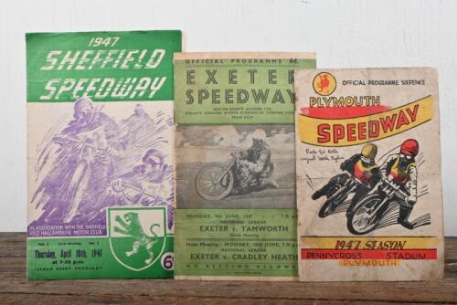 BRITISH SPEEDWAY: Three British Speedway Official Programmes from the 1947 season, EXETER, PLYMOUTH, SHEFFIELD programmes, pen writing to front cover of Plymouth programme.