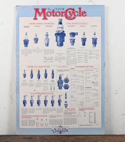 SPARK PLUGS: A circa 1950 spark plug chart produced by the Classic Motorcycle Weekly magazine, laid down on cardboard, 58 x 40cm