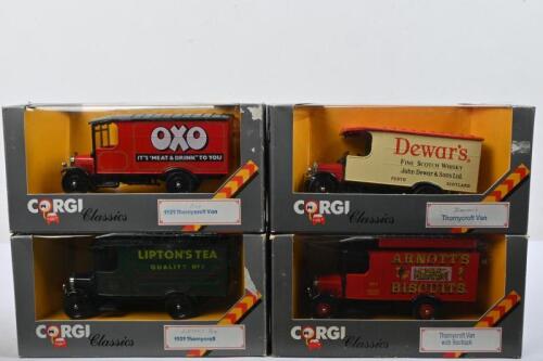 THORNYCROFT VAN: Four CORGI Classics 1:43 scale 1929 Thornycroft Van's in various liveries. 'Dewar's Scotch Whisky' (C913) & 'LIPTON'S TEA' (914)
