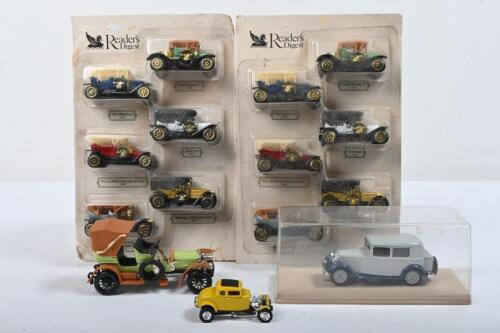 VINTAGE CARS: A group of vintage car diecast models. Two sets of Reader's Digest VINTAGE CAR MINIATURES & RIO 1:43 scale 1902 Mercedes Simplex