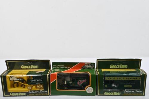 CASTROL/GRACE BROS: Three 1:43 scale die-cast models in Castrol and GRACE BROs&nbsp;liveries. Chevrolet Castrol Oil Van & GRACE BROs horse & cart, removalist van