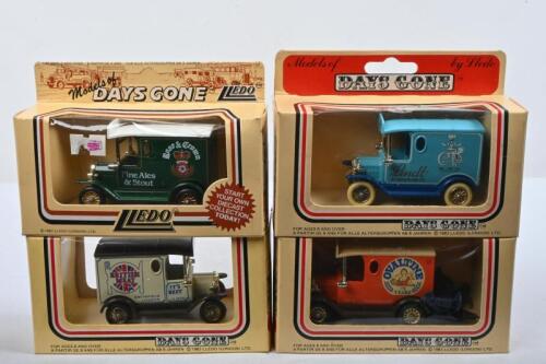 FORD: Four 1:43 scale Lledo 'DAYS GONE'&nbsp;Ford Model A delivery van's in various liveries. 'Lindt', 'Rose & Crown Fine Ales & Stout', 'OVALTINE' liveries