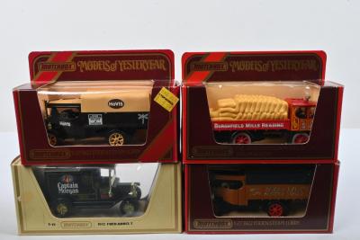 MODELS OF YESTERYEAR: Four MATCHBOX Models of Yesteryear models. Y-12 1912 FORD MODEL T in black 'Captain Morgan' livery & two Y-27/1922 FODEN STEAM LORRY's in 'TATE & LYLE'S PACKET SUGAR' & 'HoVIS' liveries