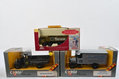VANS/TIPPER: Three CORGI Classic AND LLEDO trackside van, truck and tipper models. 1929 Thornycroft Truck in brown with 'East Anglian Fruit Company' livery (C820) & Limited Edition LLEDO TRACKSIDE&nbsp;Guy Big J Tipper in olive green with 'Tarmac' livery