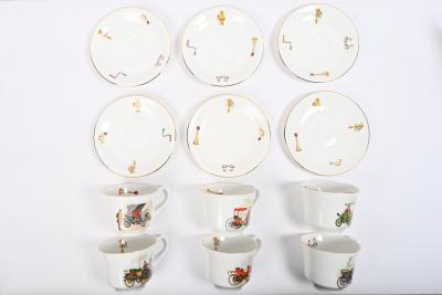 VINTAGE: A collection of Elizabethan Staffordshire Fine Bone China hand decorated tea cups and saucers. Six sets of vintage car tea cups and saucers. 1893 Duryea, 1895 Panhard-Levassor, 1907 Pope-Waverley tea cup illustrations