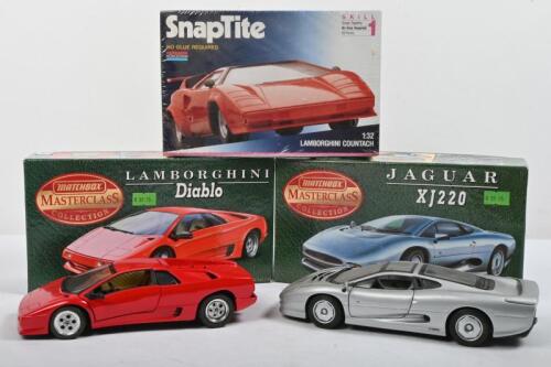 MATCHBOX: Three diecast and plastic kit models. Two&nbsp;MATCHBOX MASTERCLASS COLLECTION 1:24 scale models, Jaguar XJ220 & Lamborghini Diablo. With MONOGRAM Lamborghini Countach Plastic Kit
