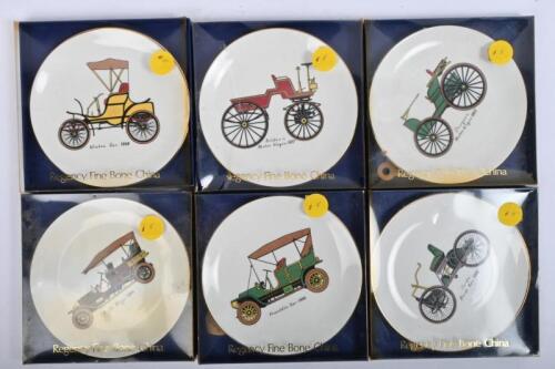 VINTAGE CARS: A collection of English fine bone china plates by HERITAGE REGENCY&nbsp;depicting colour images of vintage cars. Images include Selden's Motor Wagon 1877, Winton Car 1898, Franklin Car 1906