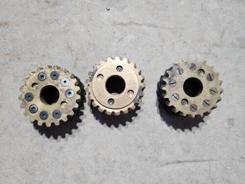 GEAR: Three brass gears, two used, one&nbsp;appears unused, likely Lambda cam&nbsp;drive gears and wooden mold.