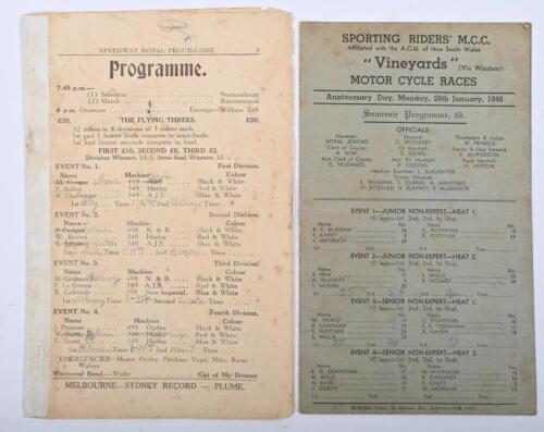 SPEEDWAY: Two official Speedway programmes. Monday, 28th January, 1946 "Vineyards" MOTOR CYCLE RACES thick carded Souvenir Programme