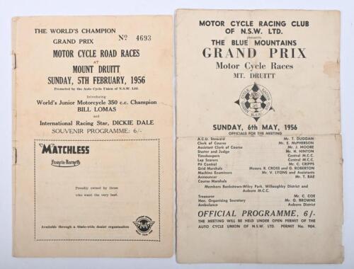 MT. DRUITT: Two original 1956 Mt. Druitt GRAND PRIX Official Programmes. 'THE BLUE MOUNTAINS GRAND PRIX' & 'THE WORLD'S CHAMPION GRAND PRIX MOTOR CYCLE ROAD RACES' Official Programmes