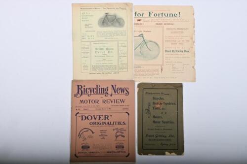 BICYCLES: A small group of a bicycle brochure and magazines. 1908 issue of 'Bicycling News AND MOTOR REVIEW (No. 420)' with supplements
