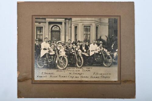 HARLEY DAVIDSON: An original black and white picture of the Harley Davidson team. Picture purportedly with Winners of Kerr Teams Cup and Trade Teams Trophy