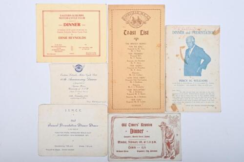 DINNER INVITATIONS: A collection of dinner invitations for various motor cycle events. March 1963&nbsp;'DINNER and PRESENTATION to PERCY H. WILLIAMS' card with multiple signatures of invitees including Harry Hinton, Ron Kessing, Jack Oppy