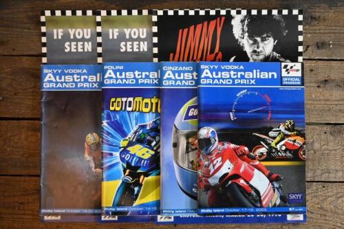AUSTRALIAN MOTOR CYCLE GRAND PRIX: A collection of Official Programmes and promotional posters from the Australian Motorcycle Grand Prix including three copies of the 1993 Foster's Australian Motorcycle Grand Prix, Eastern Creek promotional poster, with f