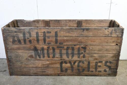 ARIEL: A original early timber motorcycle freight crate, stencilled to both sides "ARIEL MOTOR CYCLES", 79cm high, 170cm wide, 50cm deep