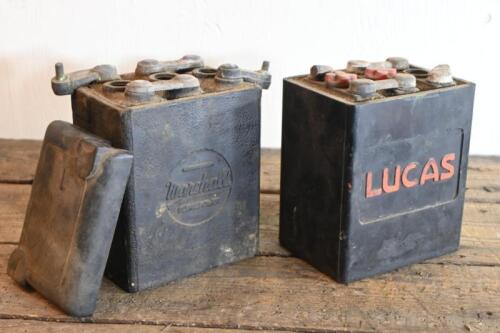 BATTERIES: Two 6v motorcycle batteries, Lucas and Marshall, Lucas 16cm high, 12cm wide, 9cm deep