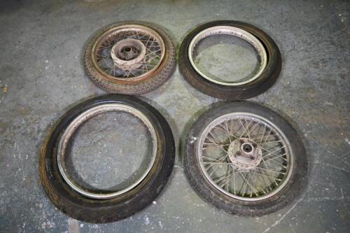 WHEELS: Four motorcycle wheels and tyres, with 16" and 17" spoke wheels containing hubs, the unlaced wheels being 18" and 19"