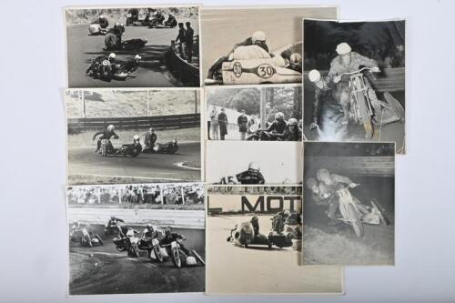 SIDECARS: A collection of original black and white sidecar pictures. Image of a Vincent leading at Liverpool Speedway, Sydney, 1968